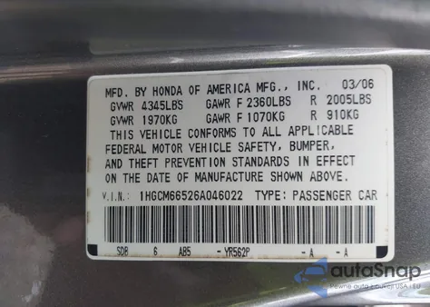 2006 Honda Accord 3.0 Ex z USA, uszkodzony, nr VIN 1HGCM66526A046022